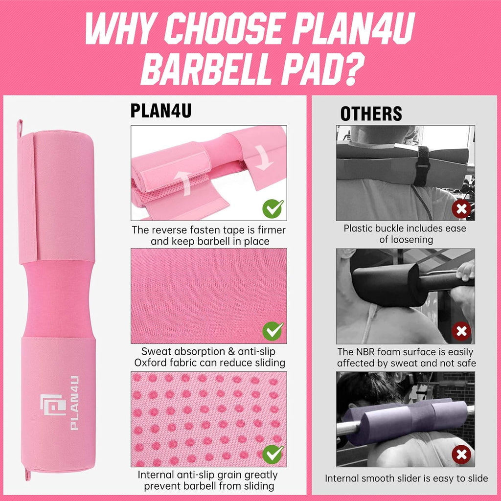 Plan4U Barbell Pad Set for Squat Hip Thrusts Upgraded Workout Foam Weight Lifting Bar Cushion Shoulder Neck Support with Anti-slip Grain, Fits Standard Olympic Bars and Smith Machine, 2 Gym Ankle Straps, Hip Resistance Band, Carry Bag