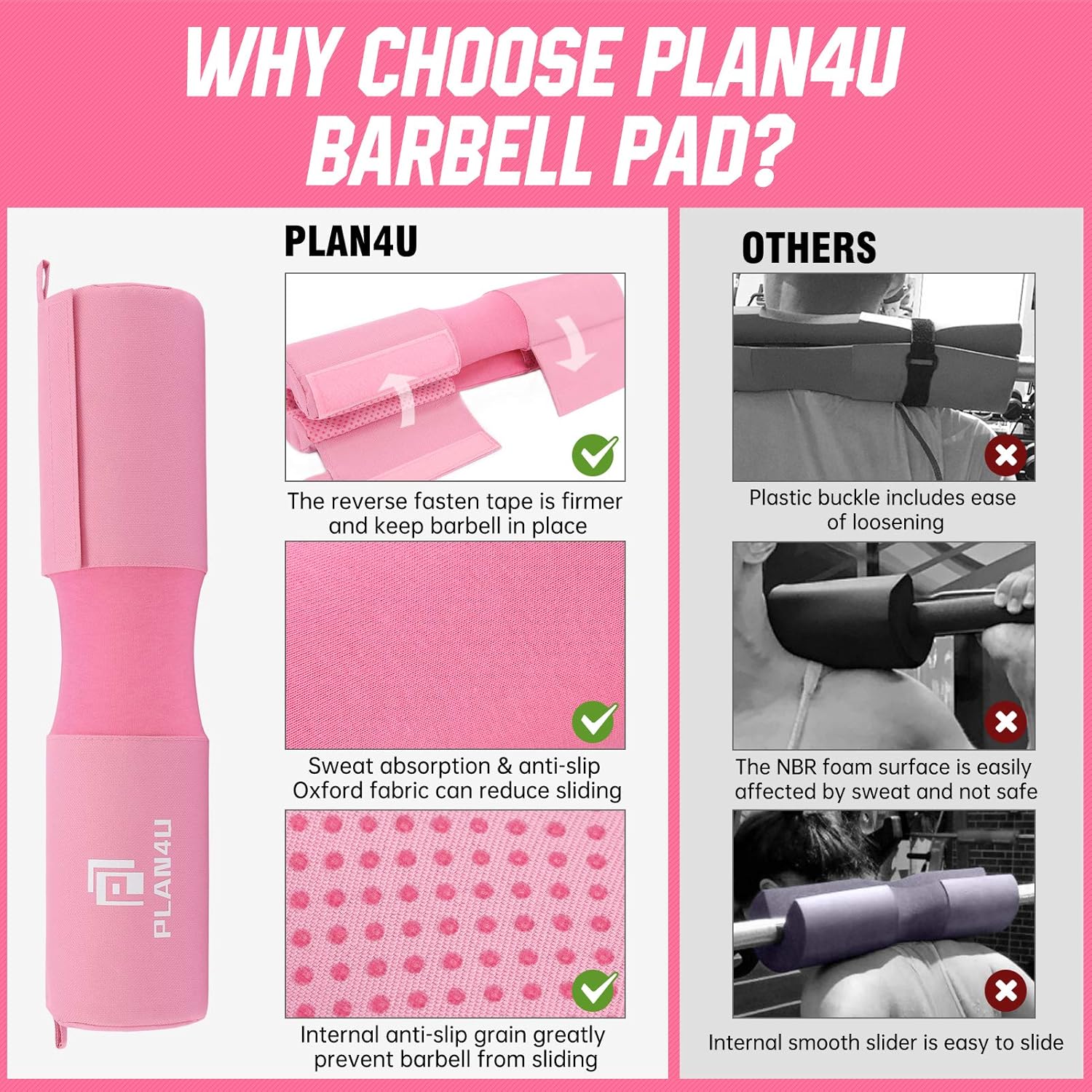 Plan4U Barbell Pad Set for Squat Hip Thrusts Upgraded Workout Foam Weight Lifting Bar Cushion Shoulder Neck Support with Anti-slip Grain, Fits Standard Olympic Bars and Smith Machine, 2 Gym Ankle Straps, Hip Resistance Band, Carry Bag