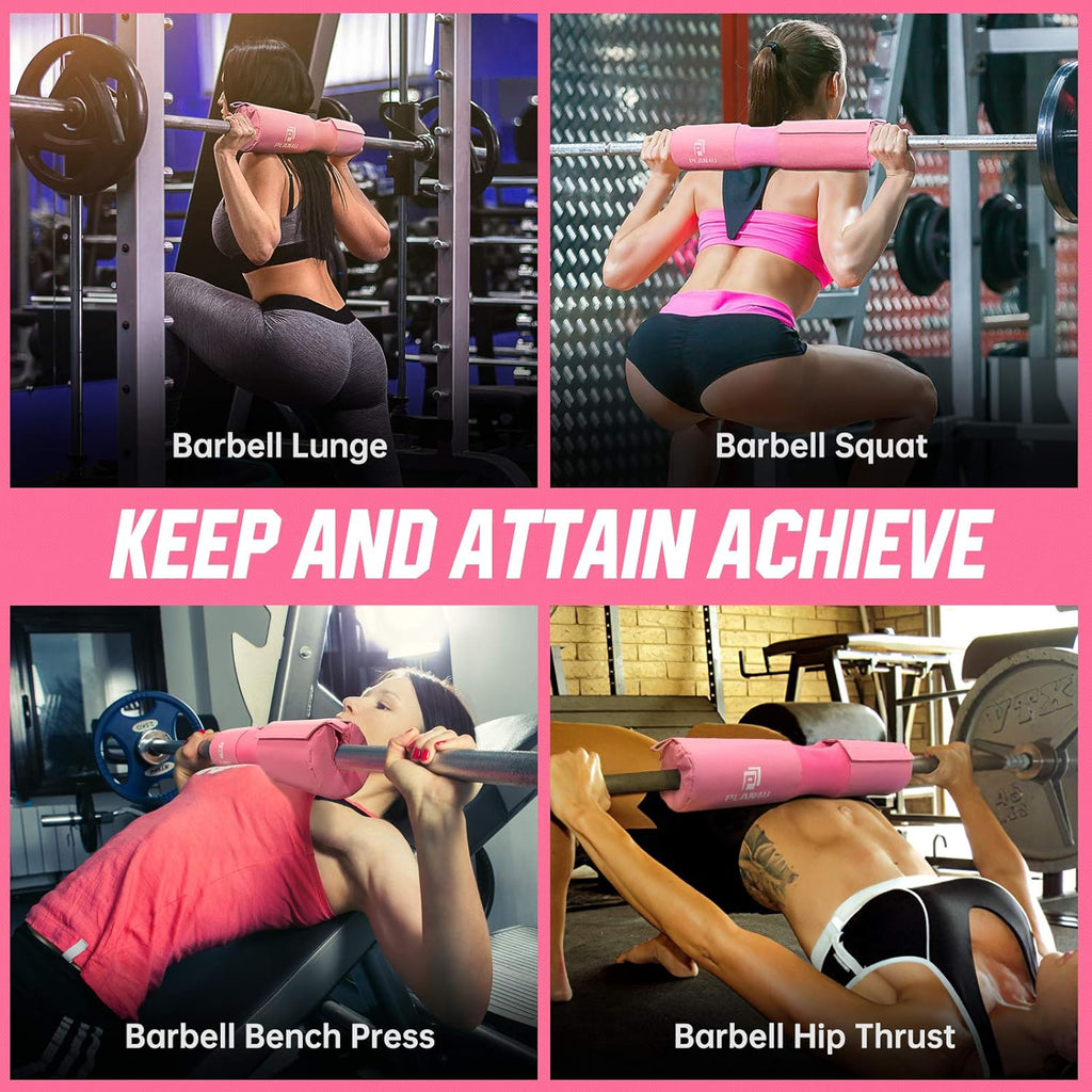 Plan4U Barbell Pad Set for Squat Hip Thrusts Upgraded Workout Foam Weight Lifting Bar Cushion Shoulder Neck Support with Anti-slip Grain, Fits Standard Olympic Bars and Smith Machine, 2 Gym Ankle Straps, Hip Resistance Band, Carry Bag