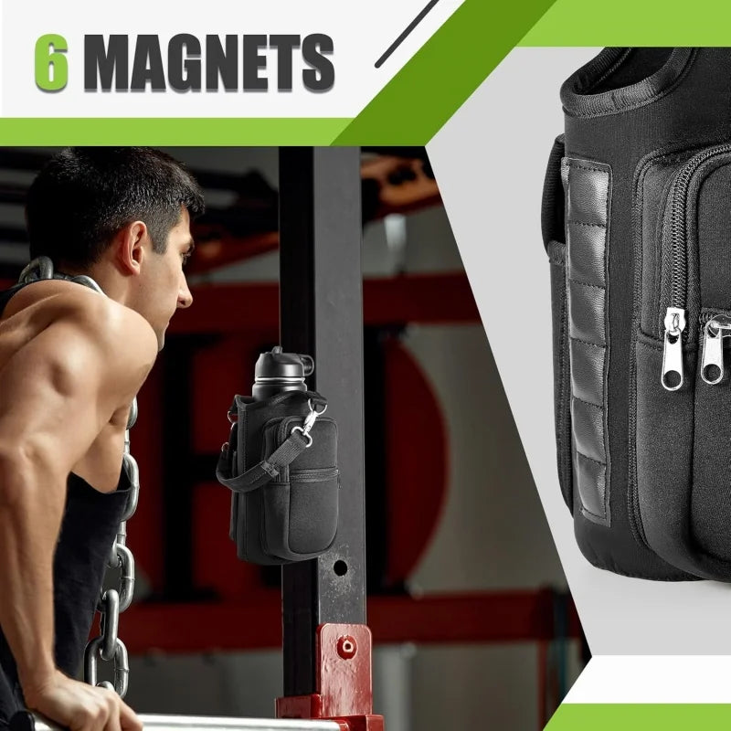 Magnetic Water Bottle Holder Gym Water Bottle Carrier Bag W/ Phone Pocket Handle Shoulder Strap 6 Built-in Magnets Water Bottle